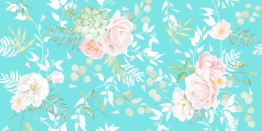 Zarif yeşillikler ve güzel güller, suluboya etkisi ile Dikişsiz desen