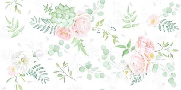 Seamless Pattern Elegant Greenery Beautiful Roses Watercolor Effect — Stock Vector