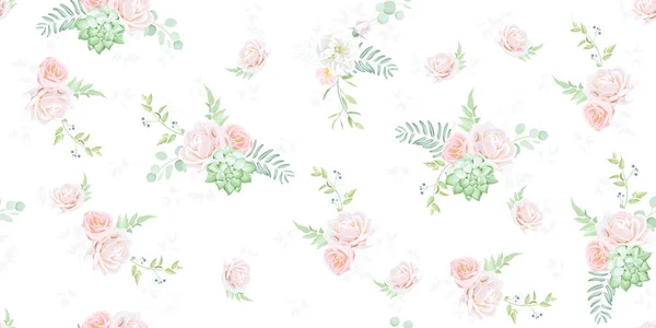 Patrón Sin Costuras Con Una Vegetación Elegante Hermosas Rosas Efecto — Vector de stock