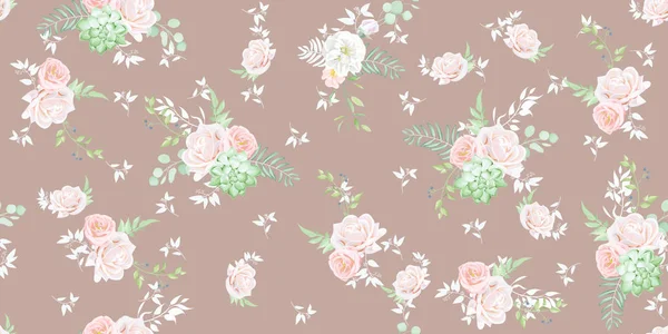 Seamless Pattern Elegant Greenery Beautiful Roses Watercolor Effect — Stock Vector