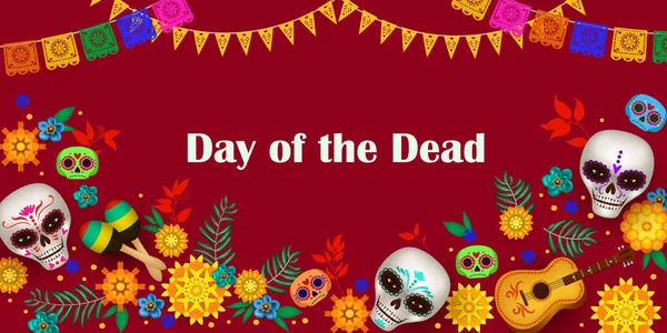 Cartel Festivo Del Día Los Muertos Con Calaveras Azúcar — Vector de stock