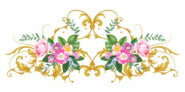 Viktorya tarzında ülke gülleri ve altın parşömenleri ile Kraliyet yatay vinyet