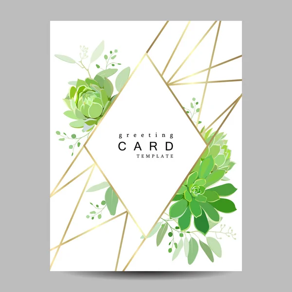Geometriai kártya sablon succulents és eukaliptusz esküvői meghívó — Stock Vector