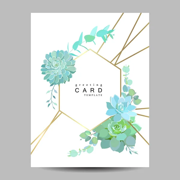 Modèle de carte géométrique avec succulents et eucalyptus pour invitation de mariage — Image vectorielle