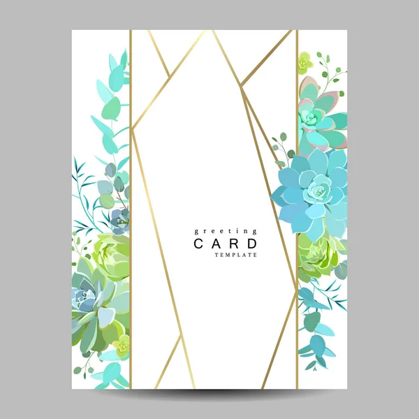 Modèle de carte géométrique avec succulents et eucalyptus pour invitation de mariage — Image vectorielle