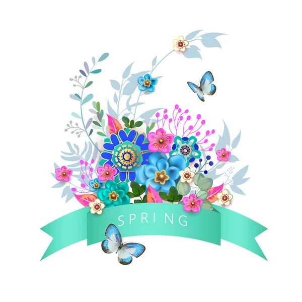 Invitación de boda floral primavera con mariposas — Vector de stock