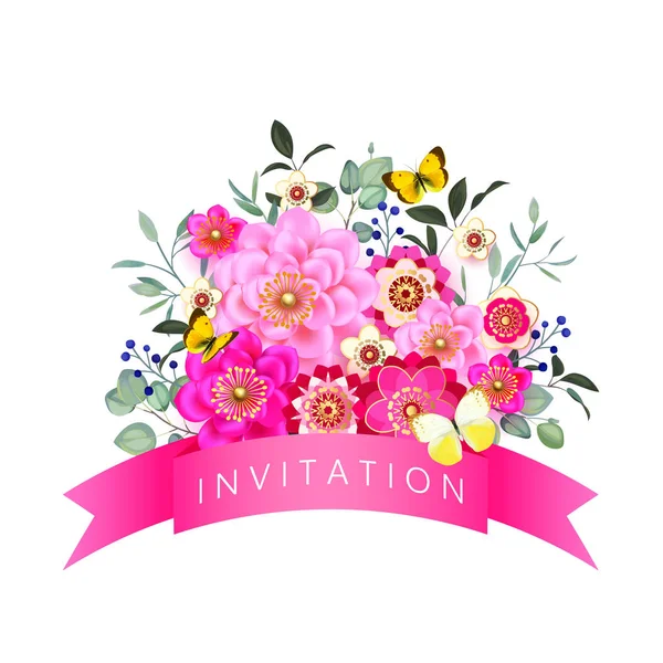 Convite de casamento floral primavera com borboletas — Vetor de Stock