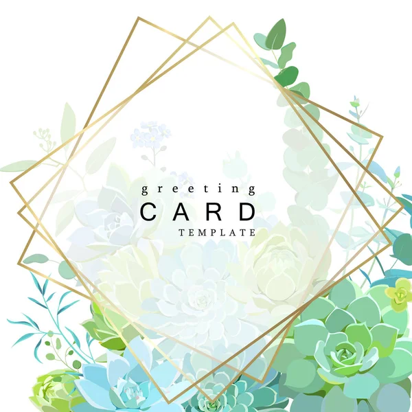 Πρότυπο γεωμετρικής κάρτας με παχύφυτα και ευκάλυπτο για γαμήλια πρόσκληση — Διανυσματικό Αρχείο