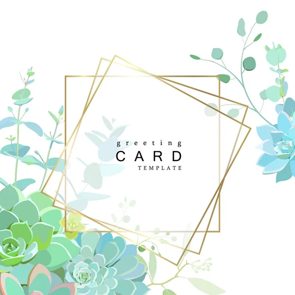 Modèle de carte géométrique avec succulents et eucalyptus pour invitation de mariage — Image vectorielle