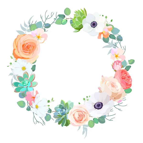 Cadre floral avec roses corail et anémones blanches pour mariage — Image vectorielle