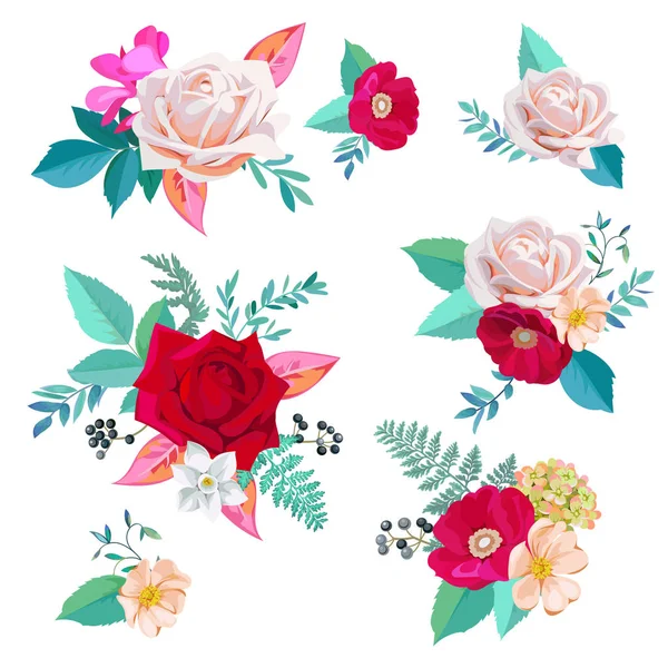 Set van mooie boeketten met rozen en Brier bloemen in aquarel stijl — Stockvector