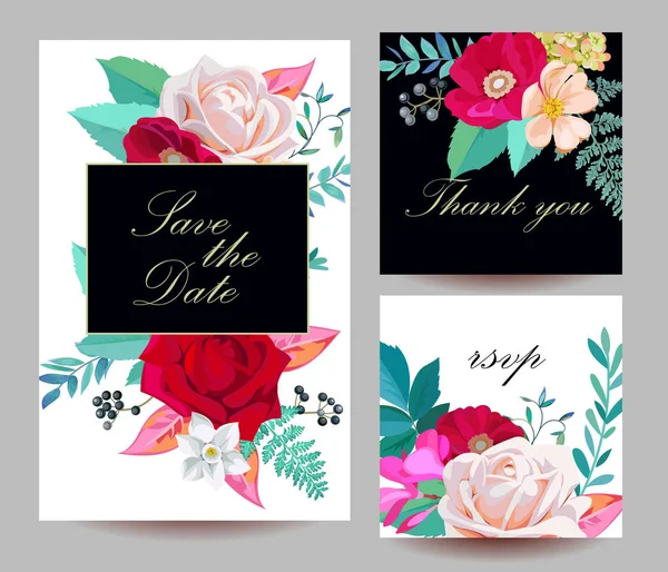 Conjunto de convites de casamento com molho de rosas e brier em imitação aquarela —  Vetores de Stock
