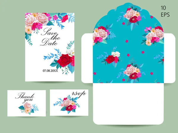 Conjunto de convites de casamento e envelope com motivo floral primavera —  Vetores de Stock