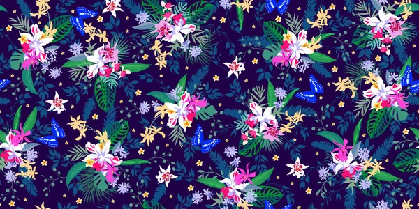 Modèle tropical sans couture avec des orchidées et des papillons pour robe d'été — Image vectorielle