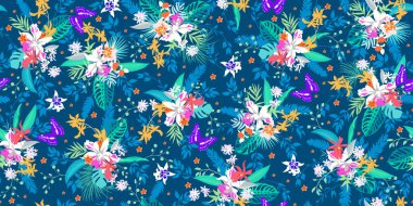 Yaz elbisesi için orkide ve kelebekler ile Tropikal dikişsiz desen