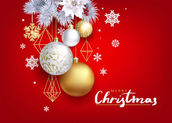 Kırmızı arka planda beyaz Ladin ile Glam Noel kartı