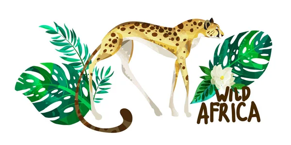 Krásný gepard a tropické listy s efektem akvarel — Stockový vektor