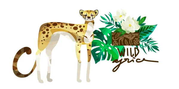 Красивые гепарды и тропические листья с акварелью — стоковый вектор