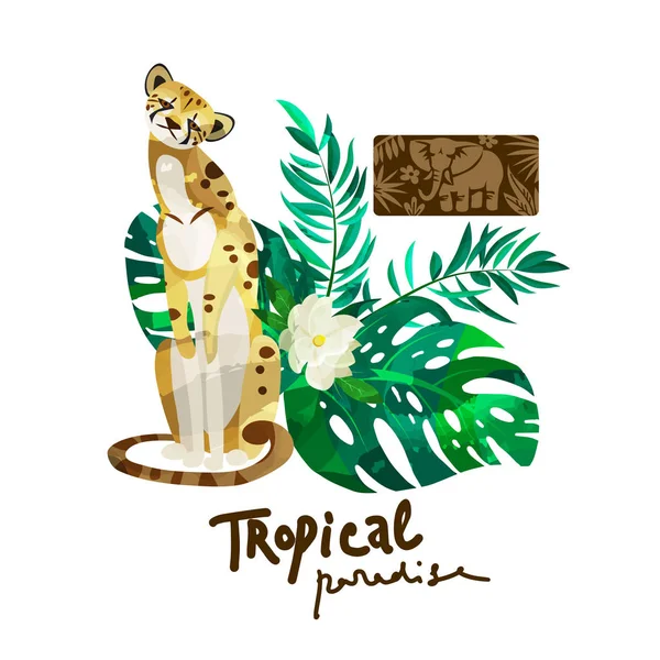 Красивые гепарды и тропические листья с акварелью — стоковый вектор