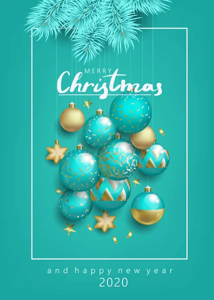 การ์ดแสดงความยินดีคริสต์มาสที่มีลูกบอลบนพื้นหลังสีเทอร์ควอยส์ — ภาพเวกเตอร์สต็อก