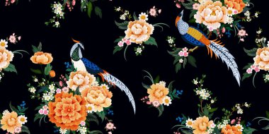 Güzel, pürüzsüz desenli, elmaslı sülün çiçekli sakura, erik ve papatya çiçekli, Çin tarzı bir yaz elbisesi.