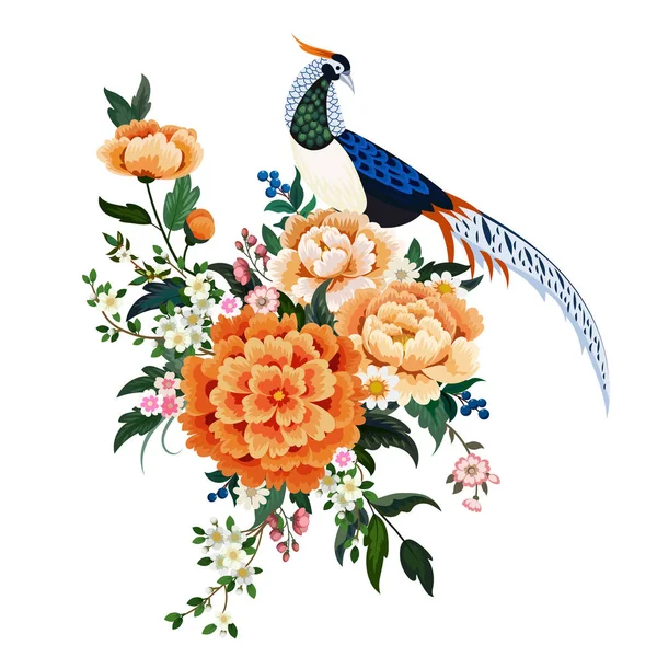 Великолепный букет с пионами, сакура, цветущий прыщ и алмазный фазан в китайском стиле — стоковый вектор