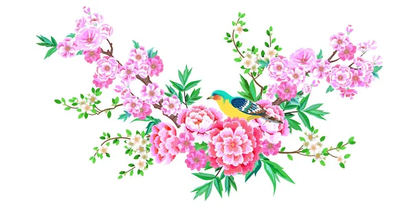 桜の枝に座る鳥 — ストックベクタ