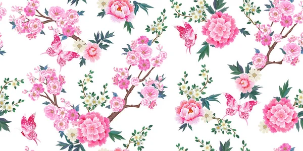 Patrón sin costuras de primavera con sakura floreciente, ramas de ciruela de peonías rosadas y mariposas voladoras en estilo chino — Vector de stock