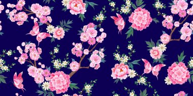 Çin tarzında çiçeklenme sakura, pembe şakayık erik dalları ve uçan kelebekler ile Bahar dikişsiz desen