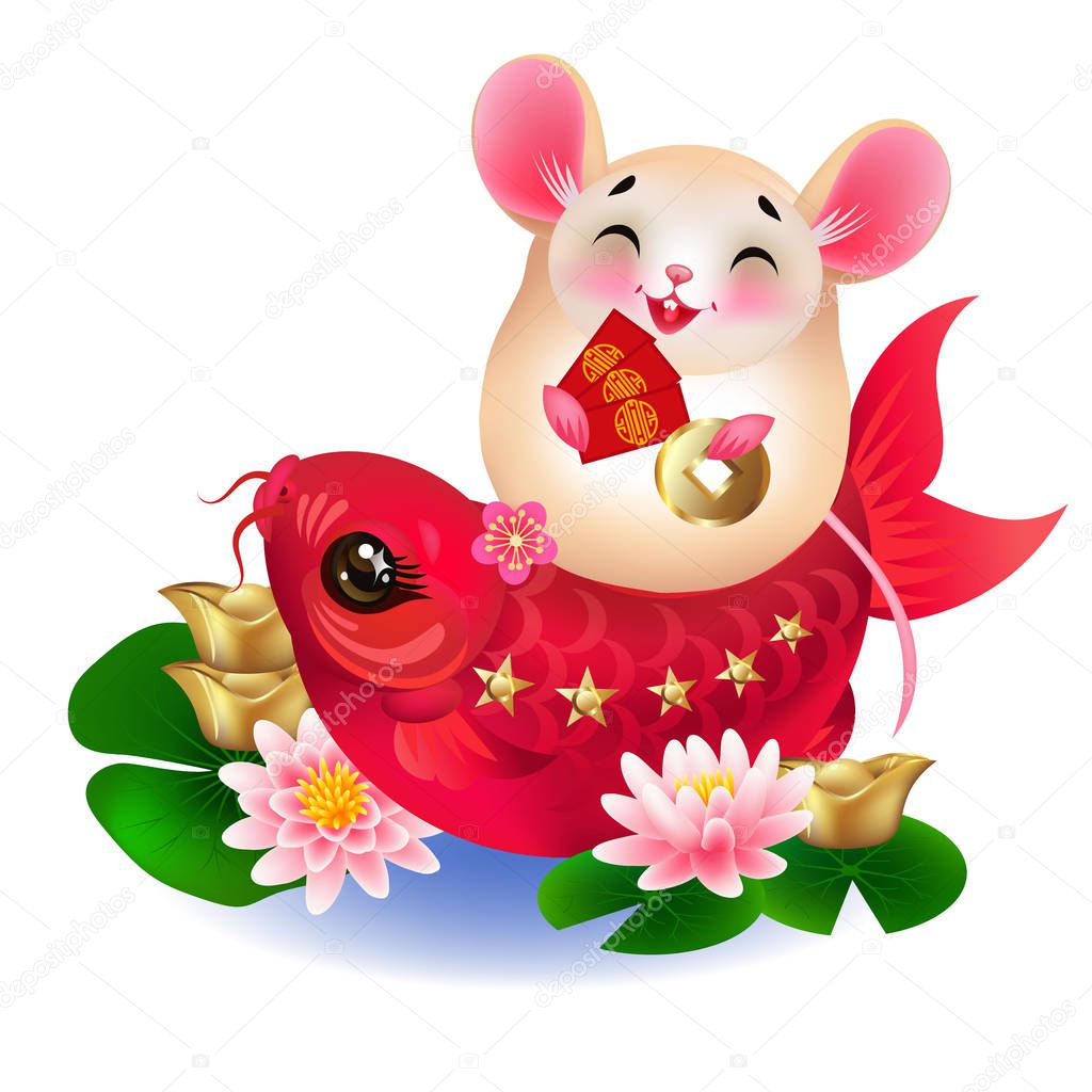 Mouse - symbol of Chinese lunar new year 2020 and red fish carp koi symbolizes prosperity