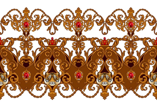 Bordure sans couture dans le style rococo avec tigre, rouleaux dorés et rubis — Image vectorielle