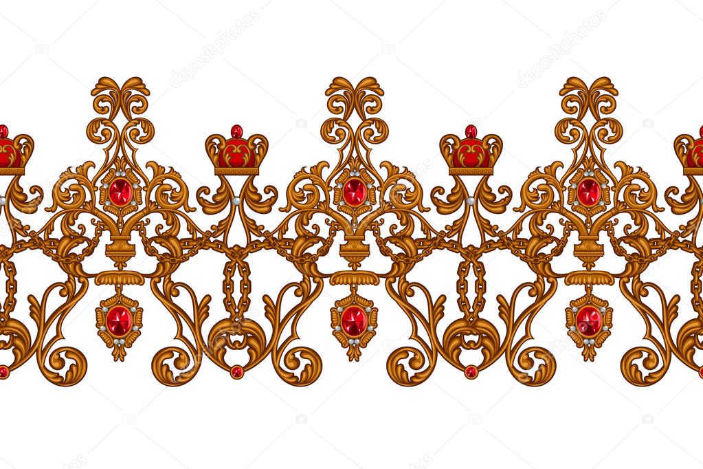 Seamless border in rococo style with golden scrolls and rubies