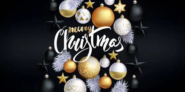 Fondo festivo navideño con bolas y estrellas blancas, negras y doradas — Vector de stock
