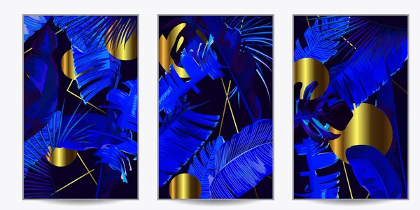 3 carteles interiores con hojas de plátano azul y formas geométricas doradas — Vector de stock