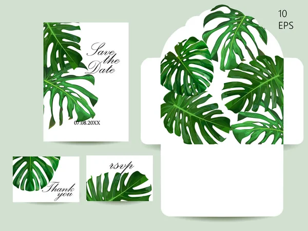 Ensemble d'invitations de mariage et enveloppe avec feuilles de monstère — Image vectorielle