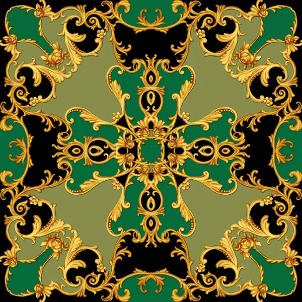 Design de cachecol de seda em estilo barroco com pergaminhos dourados e rosas — Fotografia de Stock