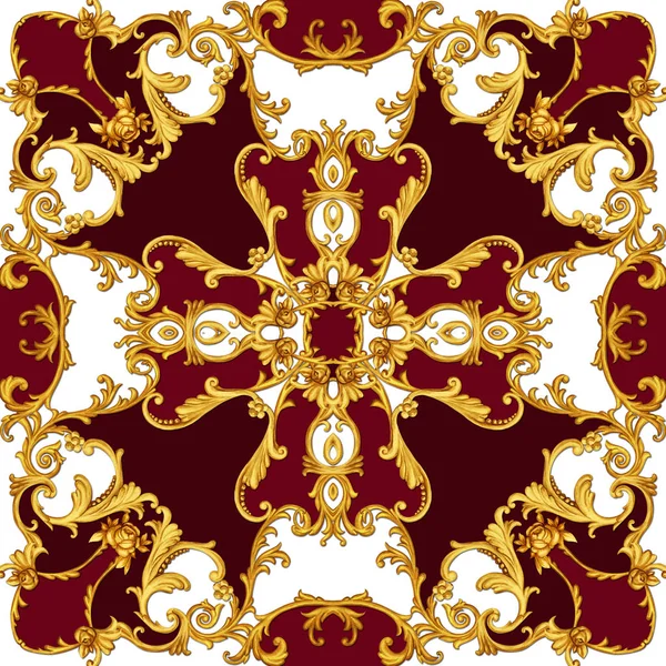 金色の巻物とバラのバロック様式のシルクスカーフのデザイン — ストック写真