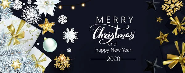 Composition de Noël avec branches d'épinette blanche et coffrets cadeaux sur fond noir — Image vectorielle