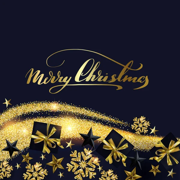 Composición navideña con copos de nieve dorados y cajas de regalo sobre fondo negro — Vector de stock