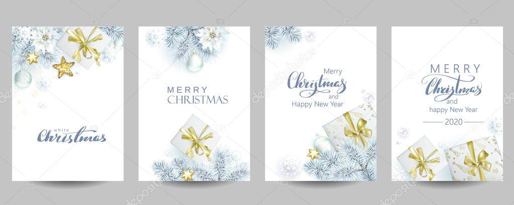 4 template of Christmas cards with white spruce and gift boxes
