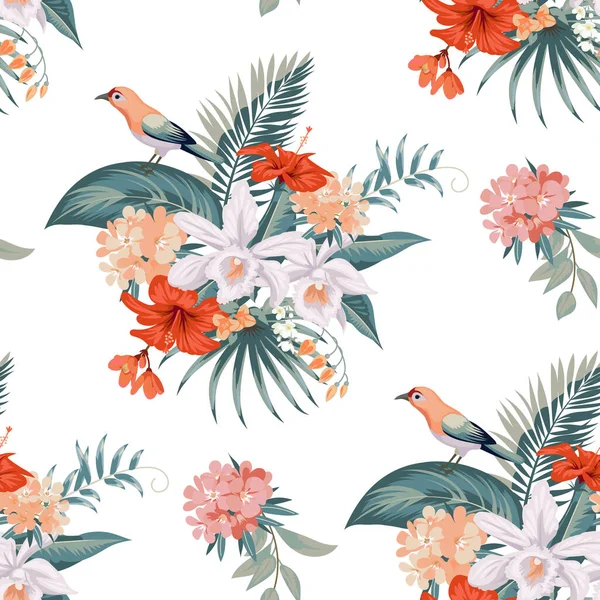 織物のための蘭の花とシームレス熱帯夏のパターン — ストックベクタ