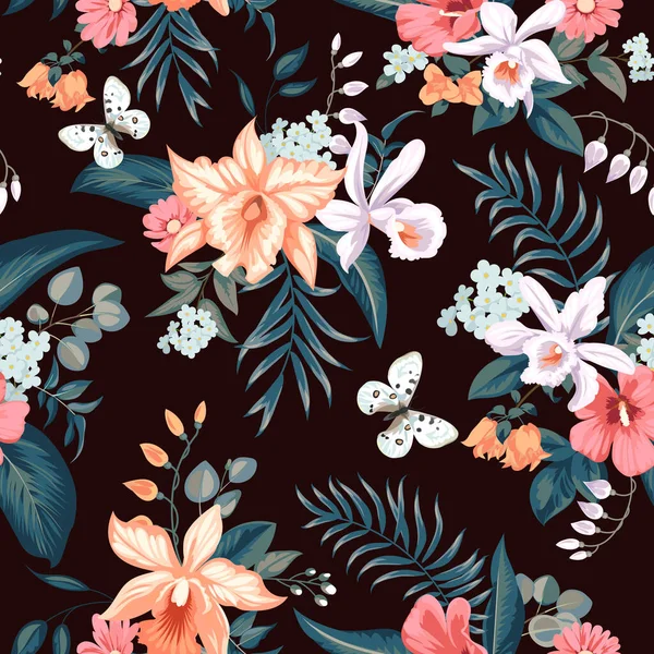 Nahtloses Tropisches Sommermuster Mit Orchideenblüten Für Textilien — Stockvektor