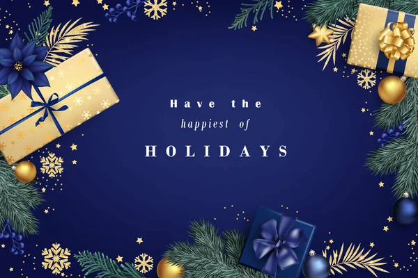 Composition Noël Élégante Bleu Marine Dorée Avec Boîtes Cadeaux — Image vectorielle