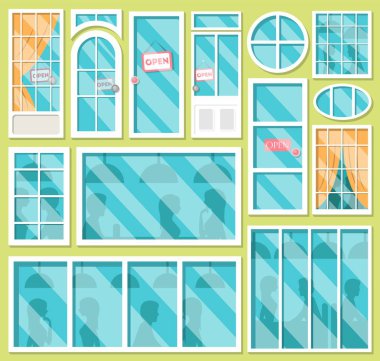 Vektör toplama insan gölgeli pencereleri ve kapıları çeşitli. Kapılar açık mağaza işareti ile kümesi.
