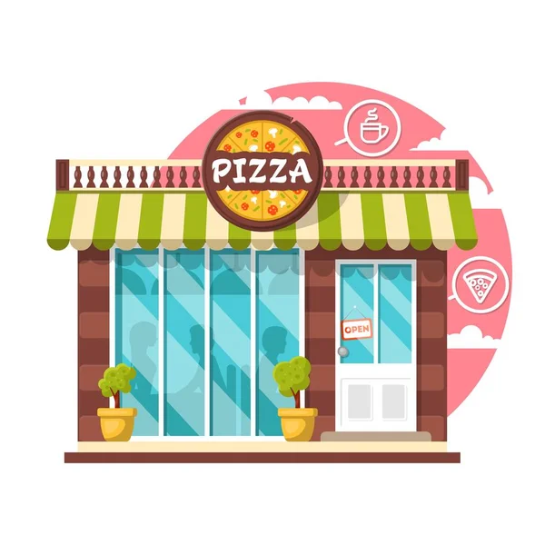 Concept Pizzeria Bâtiment Public Ville Design Plat Avec Devanture Différents — Image vectorielle