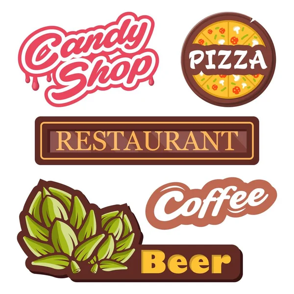 Kolektoremblemer - isolerte etiketter - vektorillustrasjon. Logo for pizza, godtebutikk, øl, kaffe, resturant . – stockvektor
