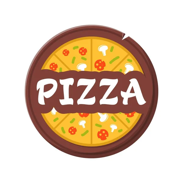 Pizzeria Vector Emblem - illustration vectorielle d'étiquette isolée. Modèle de logo Pizza. Pizza sur une assiette en bois . — Image vectorielle