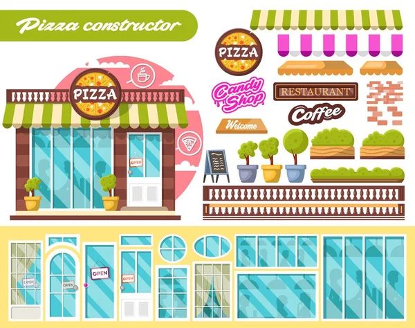 Oluşturucu düz tasarım şehir genel pizza binalar storefronts ve farklı iç tasarım öğeleri. Vektör set — Stok Vektör