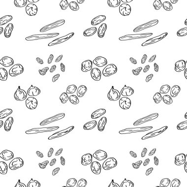 Kurutulmuş meyveler kusursuz. Kuru erik, kurutulmuş kayısı, hurma, kuru üzüm ve incir ile arka planda tekrarlanan. Paketleme, tekstil, baskı, şablon, kart tasarımı. Dekoratif süs. El çizimi vektör 