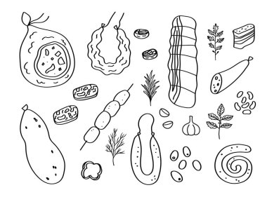 Enchidos 'un Portekiz yemekleri izole edilmiş arka planda. Porto 'nun tütsülenmiş sosis ürünleri. Chorizo, Farinheira, Linguia, Salpicao, Morcela, Alheira ile Doodle. Ulusal mutfak. Vektör kartı